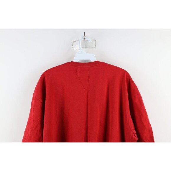 Vintage 90s Guess Mens 2XL Distressed Spell Out Box Logo Trippy T-Shirt Red - Picture 10 of 11